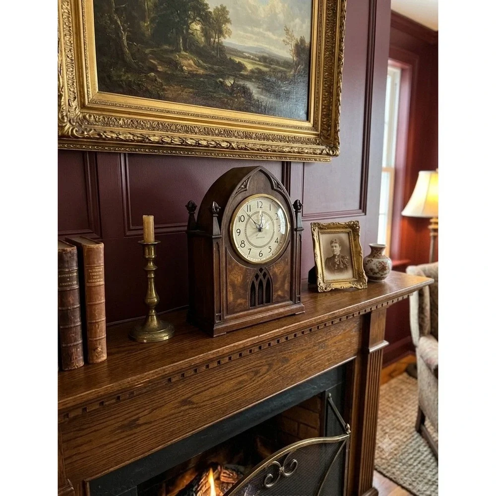 1935 Vintage New Haven Electric Mantel Clock Westminster Chime Gothic Wood